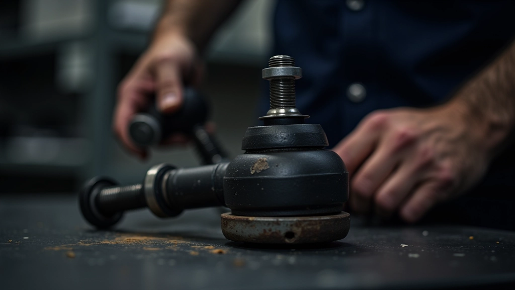 Close-up of ball joint and control arm assembly showing wear patterns on suspension linkage