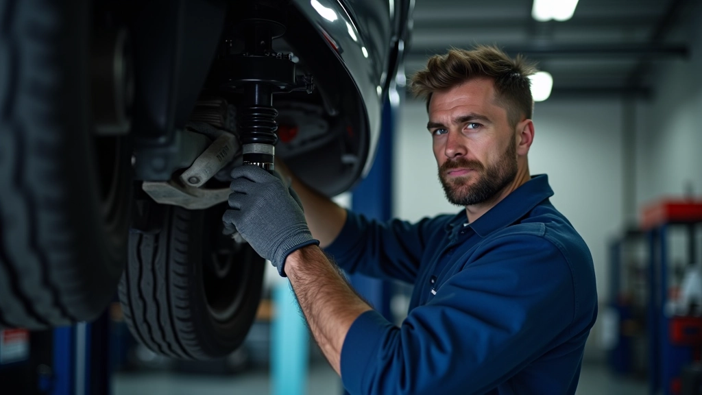 Professional mechanic performing suspension inspection on vehicle in modern workshop