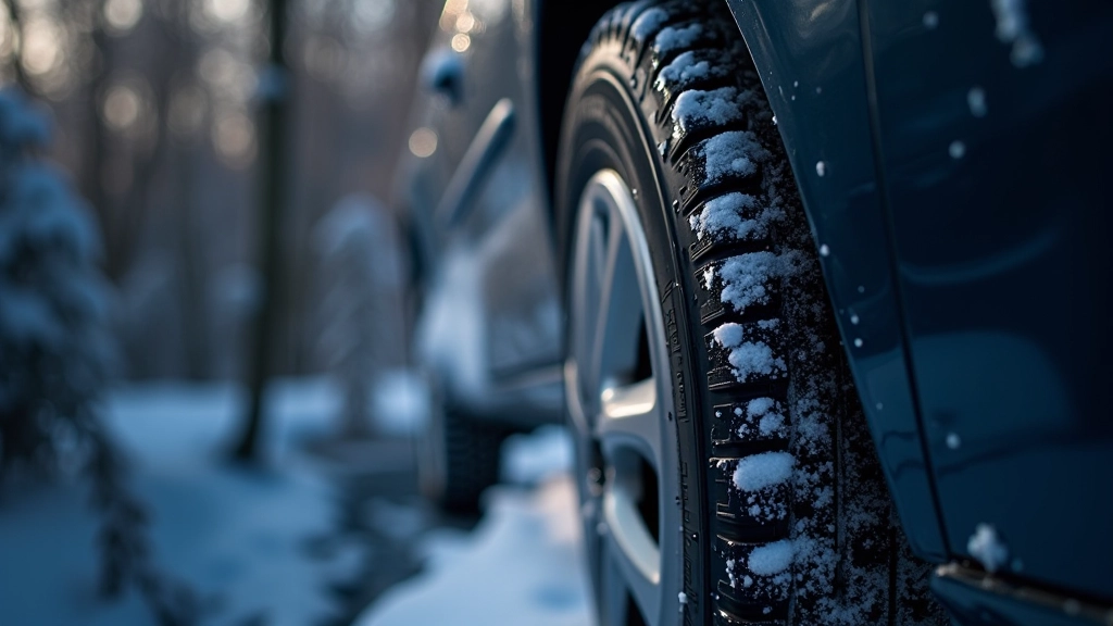 Winter scene with snow on car and tire pressure gauge showing lower PSI readings compared to warmer conditions