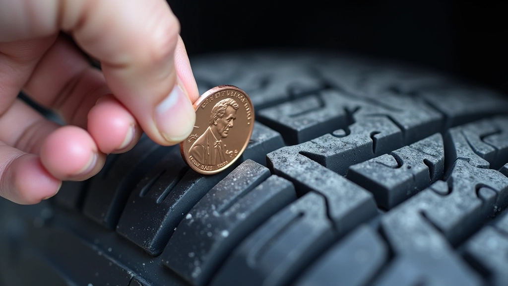 Close-up of winter tire tread being measured with a penny coin to check depth