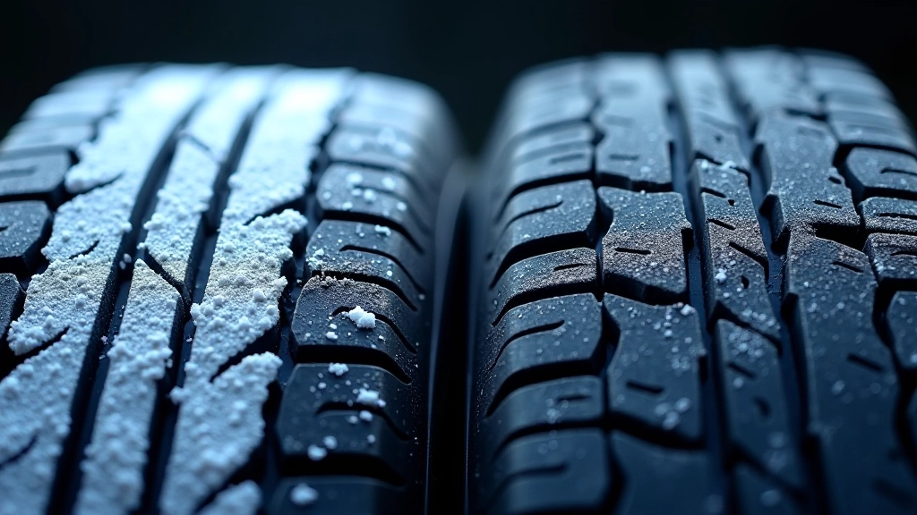 Close-up comparison of winter tire rubber texture next to summer tire rubber, showing visible differences in surface characteristics