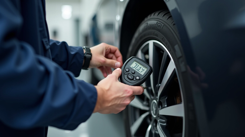 Mechanic using a tire pressure gauge to check PSI on a vehicle wheel in a professional garage setting