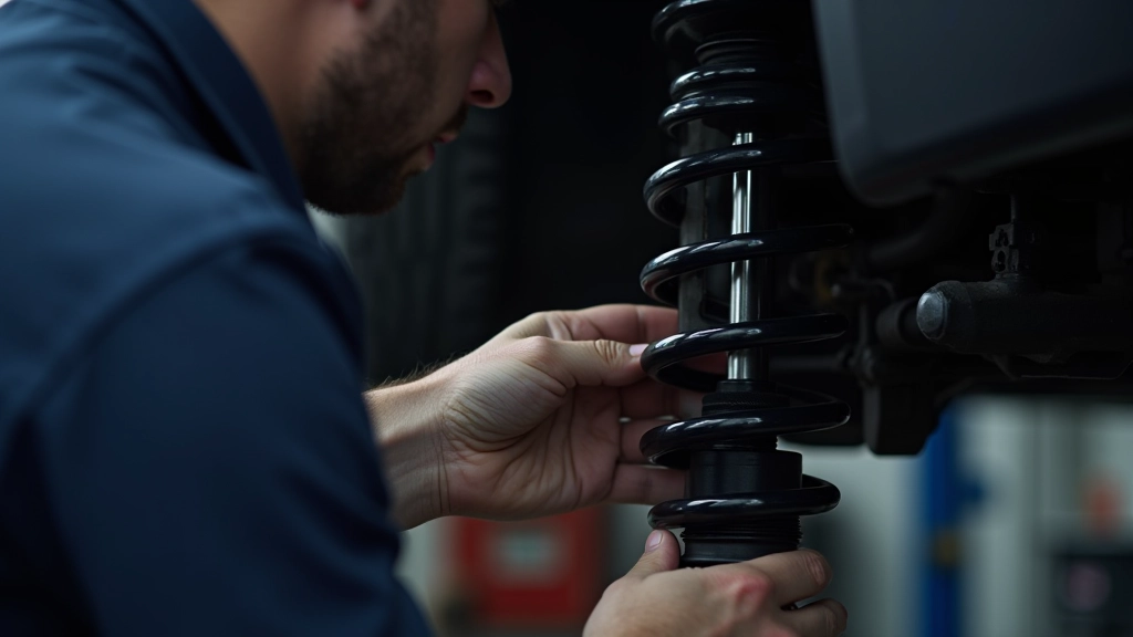 Close-up view of a vehicle's shock absorber and suspension components mounted on car chassis
