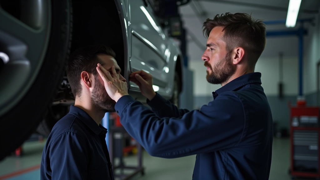 Mechanic discussing suspension findings with customer in professional workshop setting