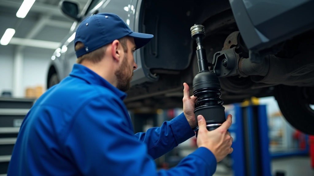 Mechanic performing visual inspection of shock absorber and strut assembly during routine maintenance