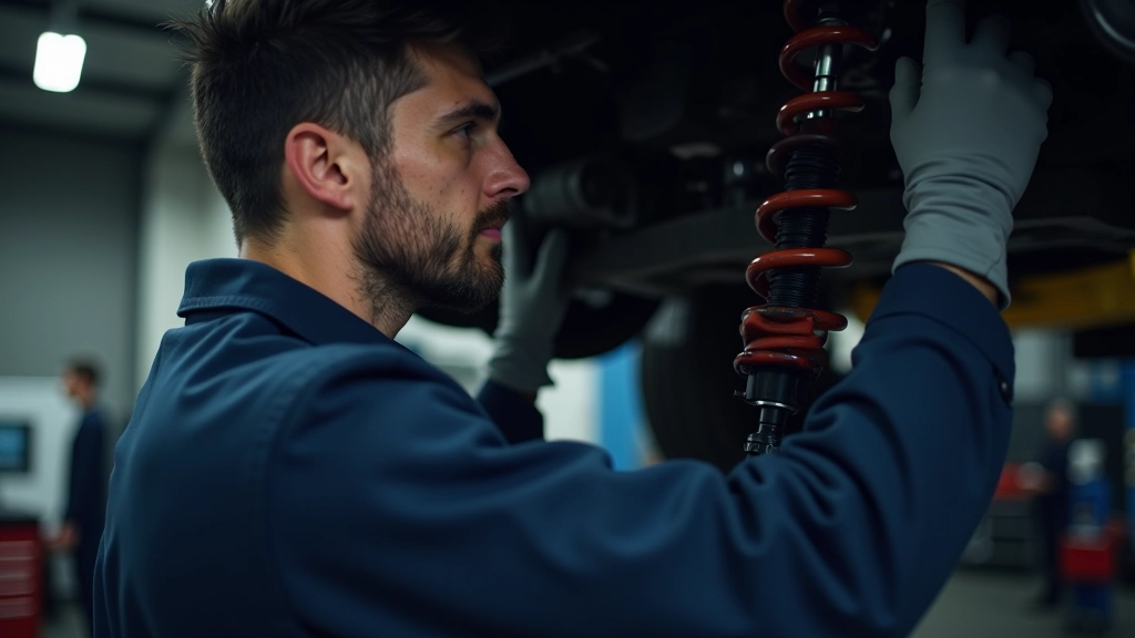 Professional mechanic inspecting vehicle suspension components in a repair shop with specialized equipment