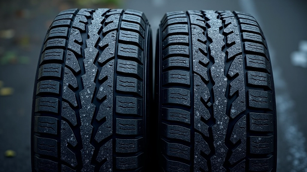 Detailed overhead view of tire tread patterns showing deep winter tire grooves compared to shallower summer tire grooves