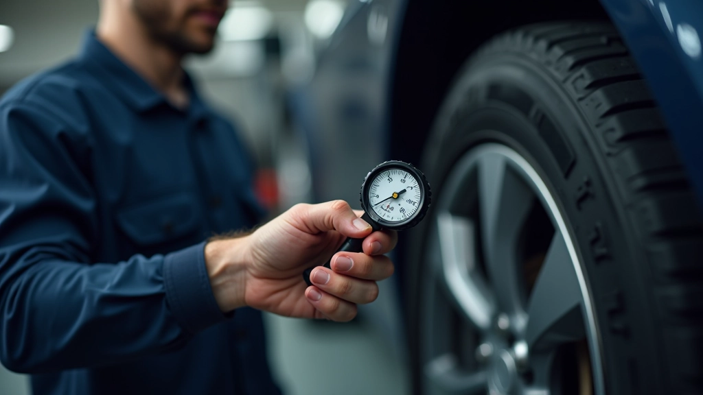 Mechanic's hands checking tire pressure gauge on a tire mounted on a vehicle, showing proper measurement technique