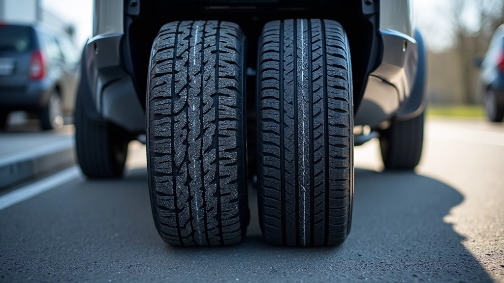 Car parked with one winter tire and one summer tire visible, showing visible size and tread differences side by side