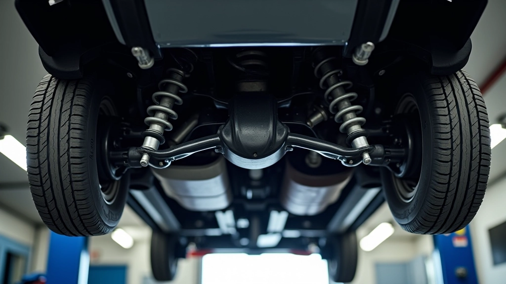 Vehicle undercarriage view showing complete suspension system components and alignment