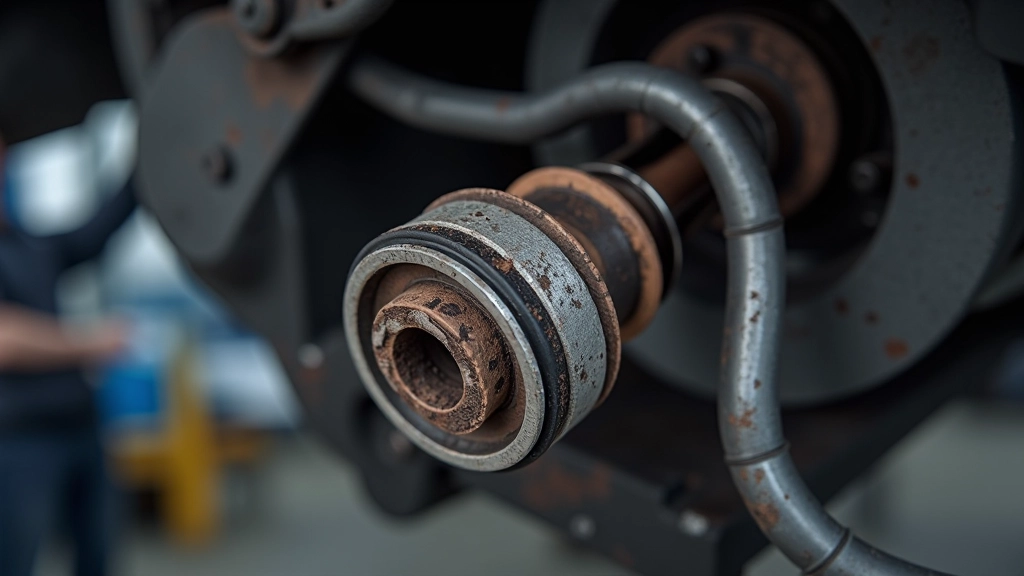 Worn suspension bushing showing rubber deterioration and metal exposed on control arm